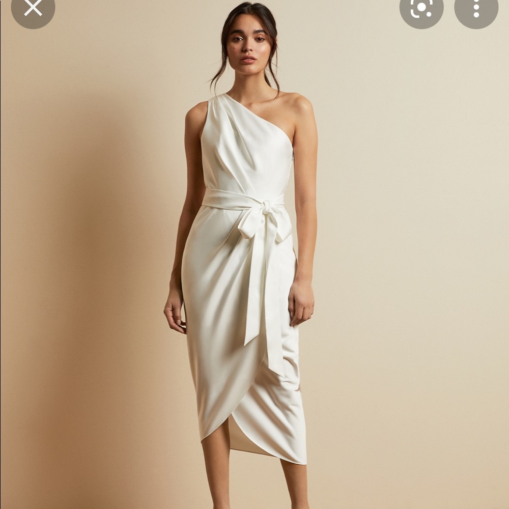 NWT Ted Baker white one shoulder drape midi dress